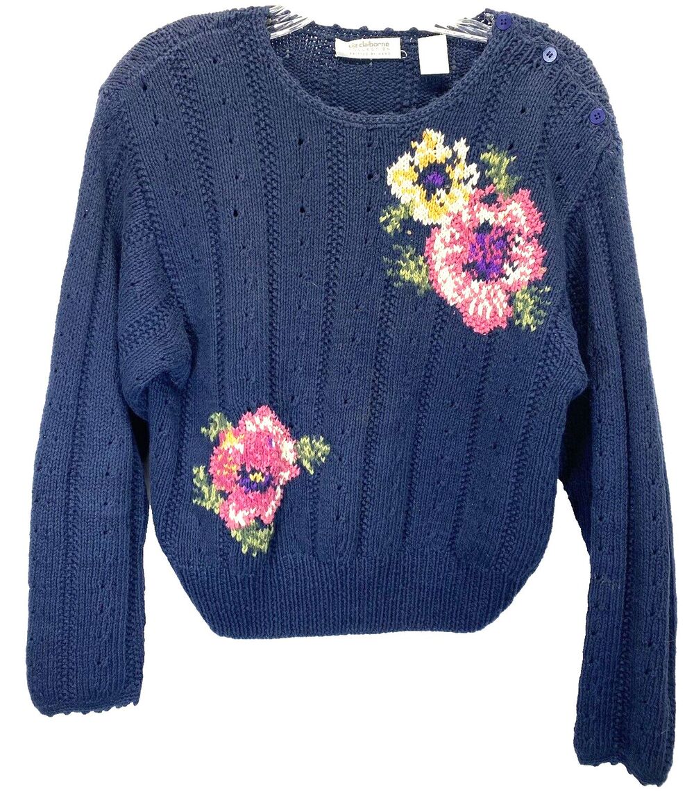 Liz Claiborne Collection Pull Over Long Sleeve Sweater Linen Blend Size S Floral